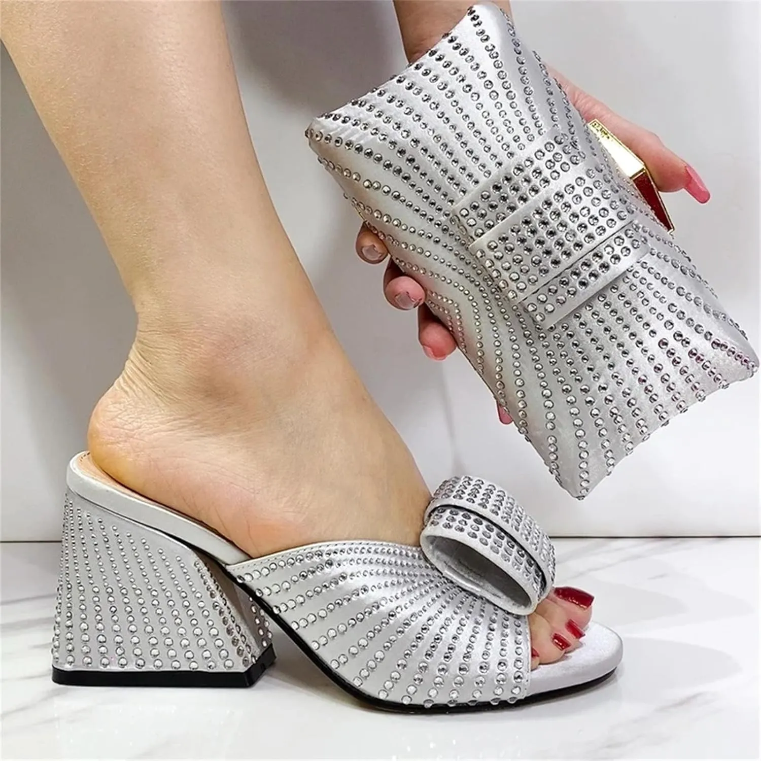 2025 Fashion Designed Soild Elegant Shoe Bag Set Classic Style African Women's Round Toe High Heels for Wedding Party