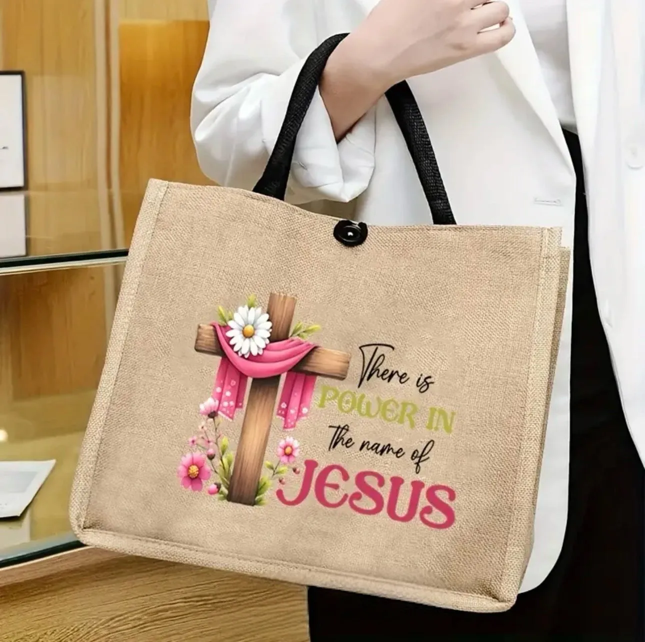 AD Cross Flower Print Tote Bag