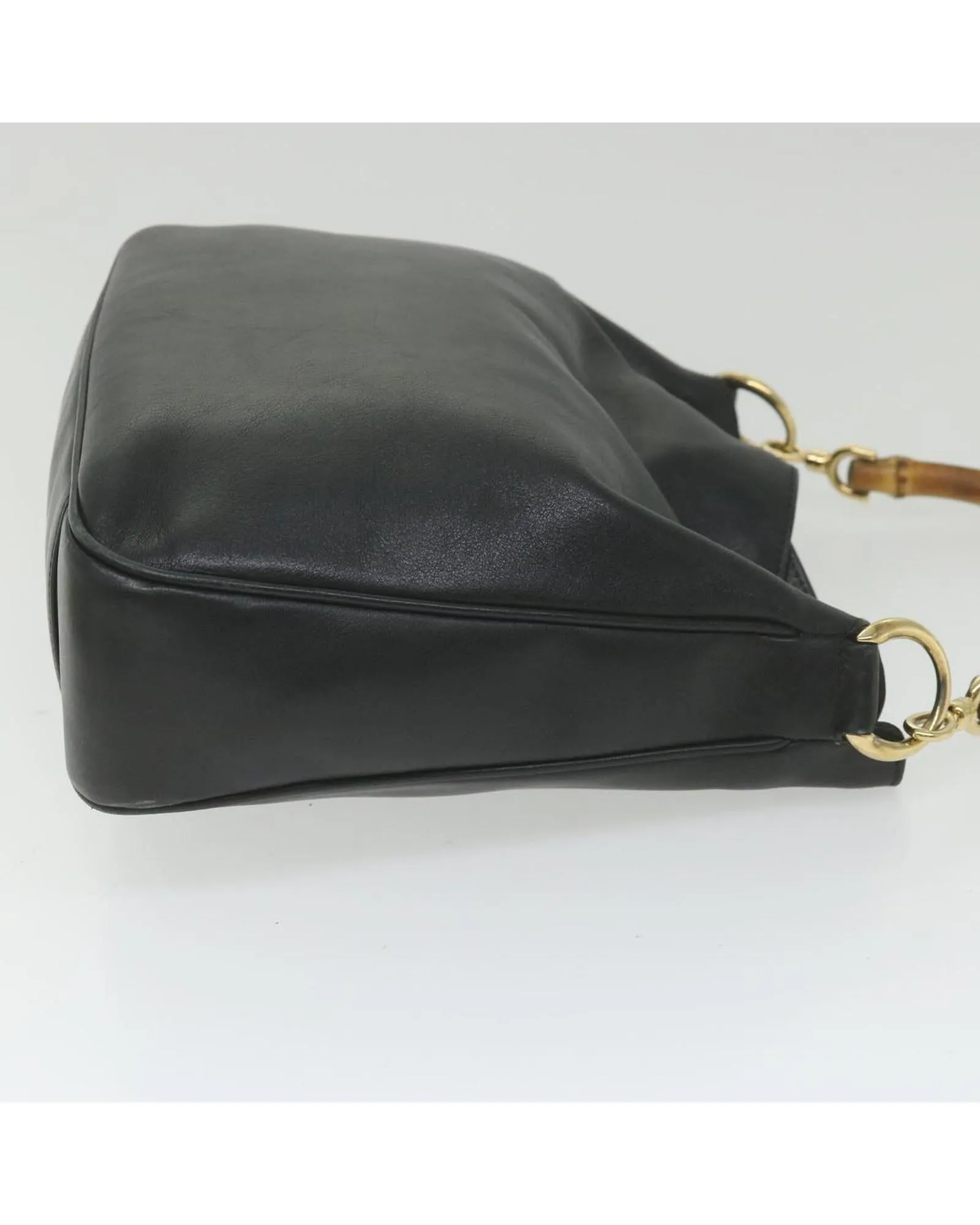 Black Leather Shoulder Bag with Bamboo Handle