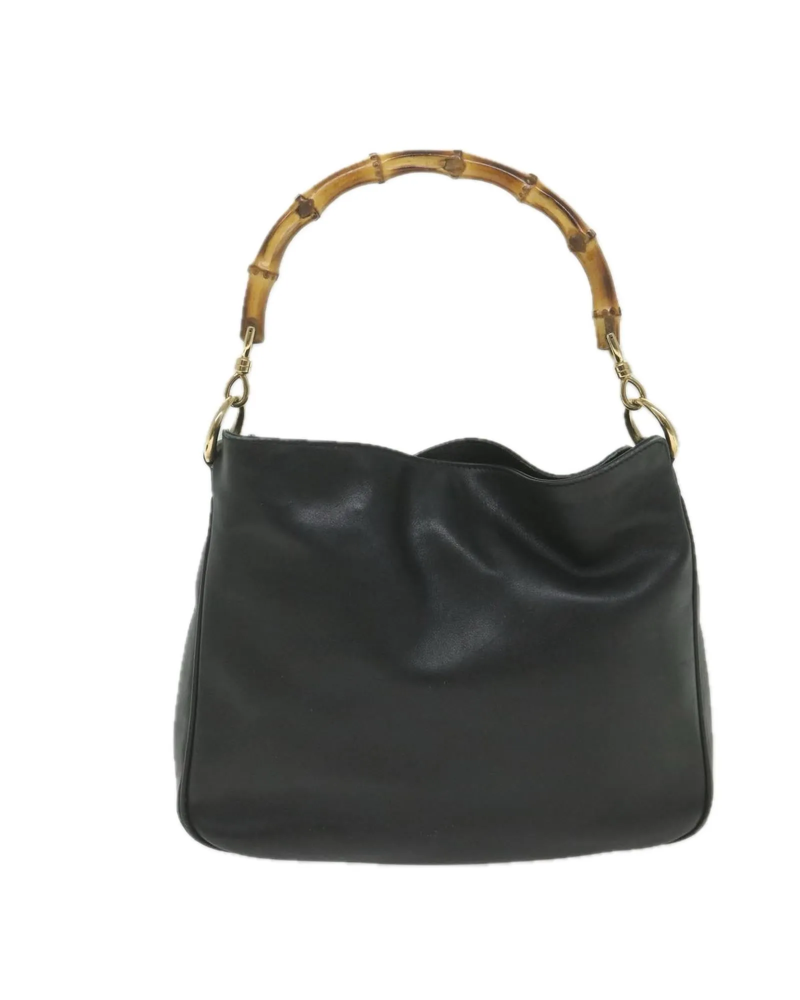 Black Leather Shoulder Bag with Bamboo Handle