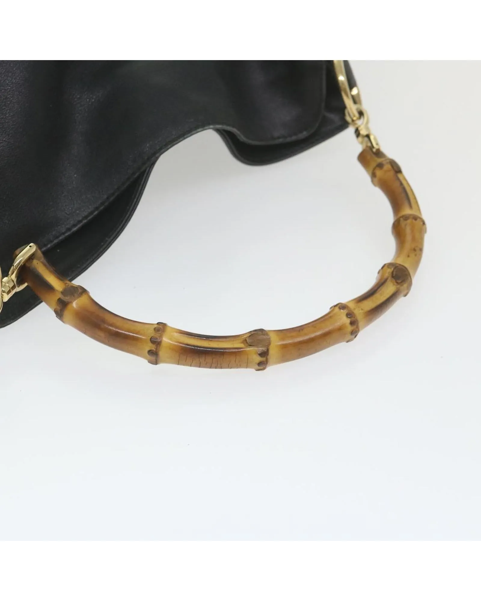 Black Leather Shoulder Bag with Bamboo Handle