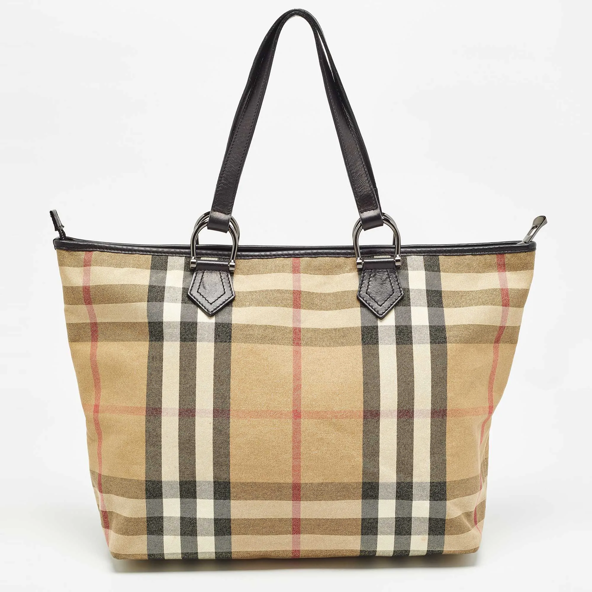 BURBERRY Beige/Black House Check Shimmer Fabric and Leather Nickie Tote