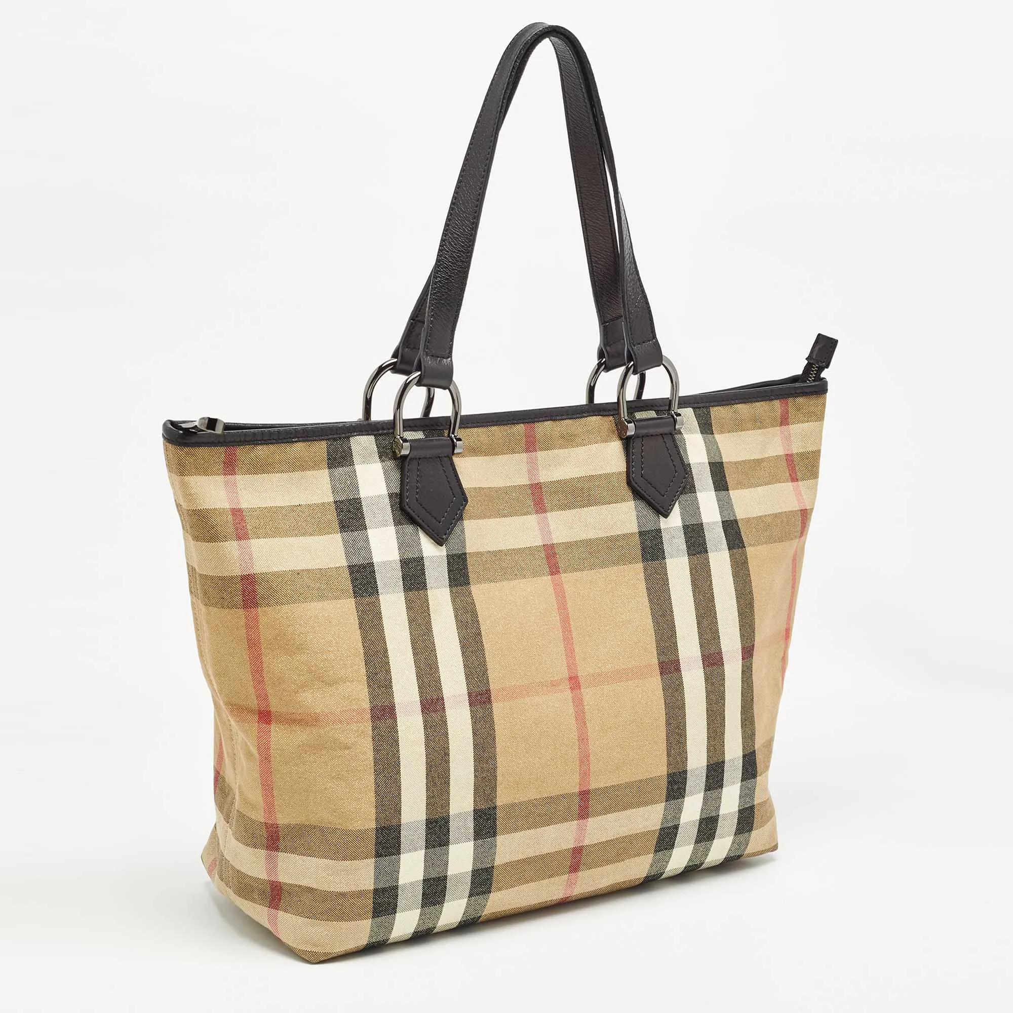 BURBERRY Beige/Black House Check Shimmer Fabric and Leather Nickie Tote