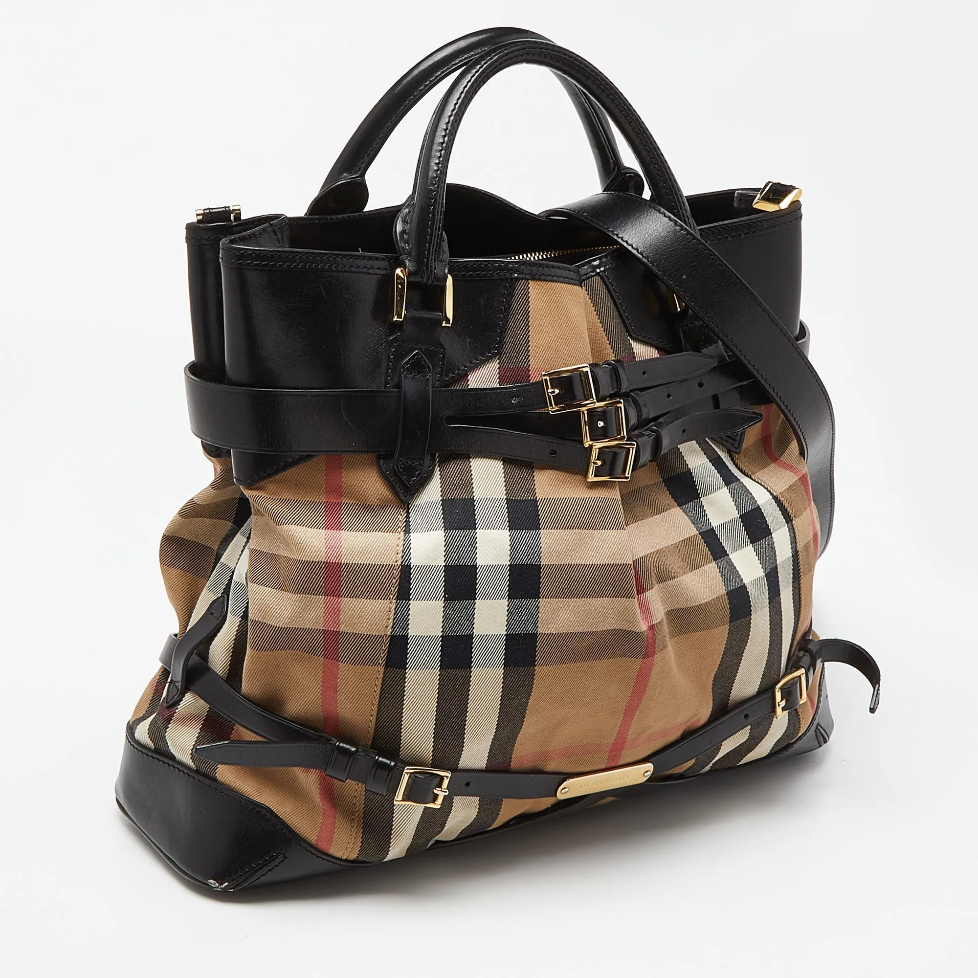BURBERRY Black House Check Canvas and Leather Large Bridle Lynher Tote