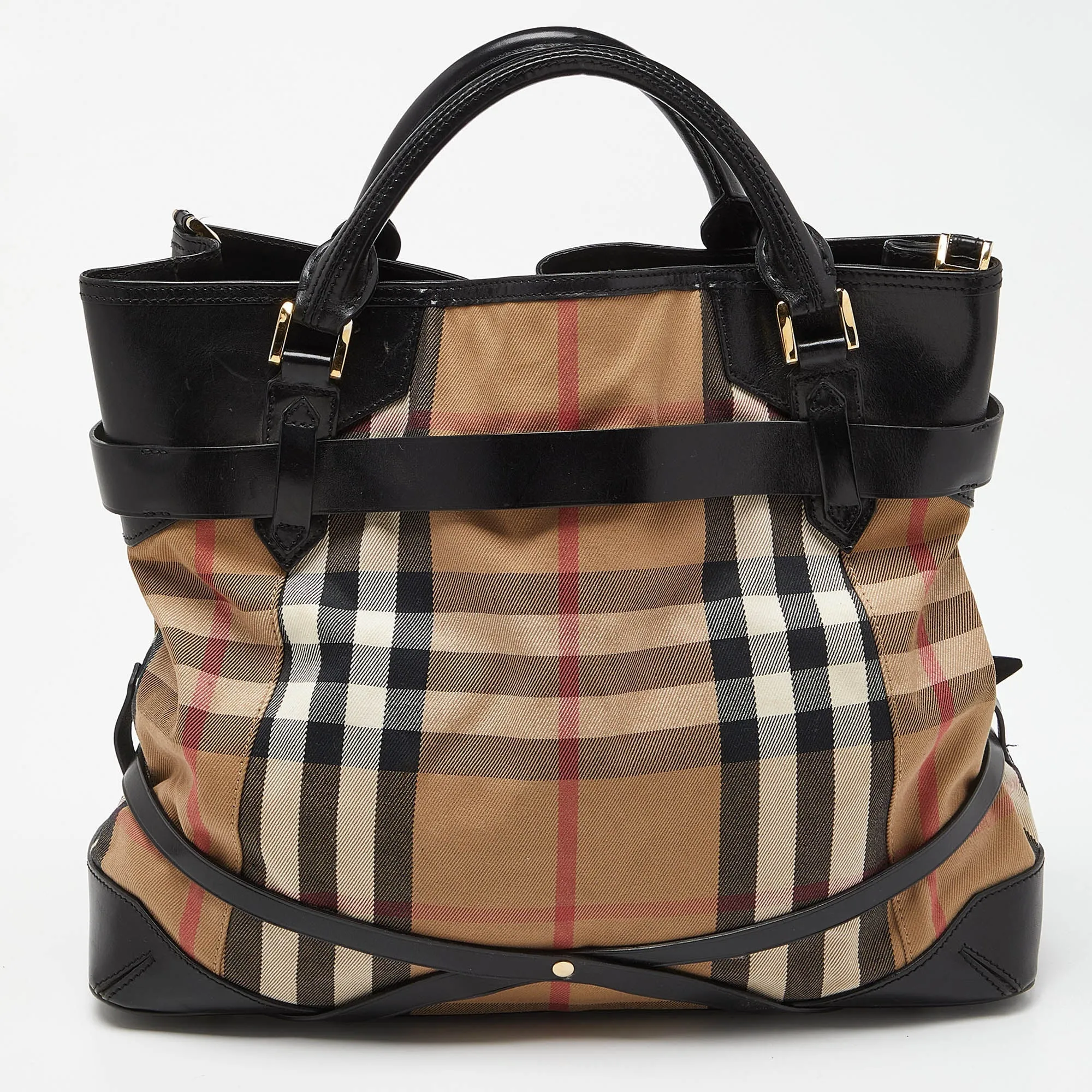 BURBERRY Black House Check Canvas and Leather Large Bridle Lynher Tote