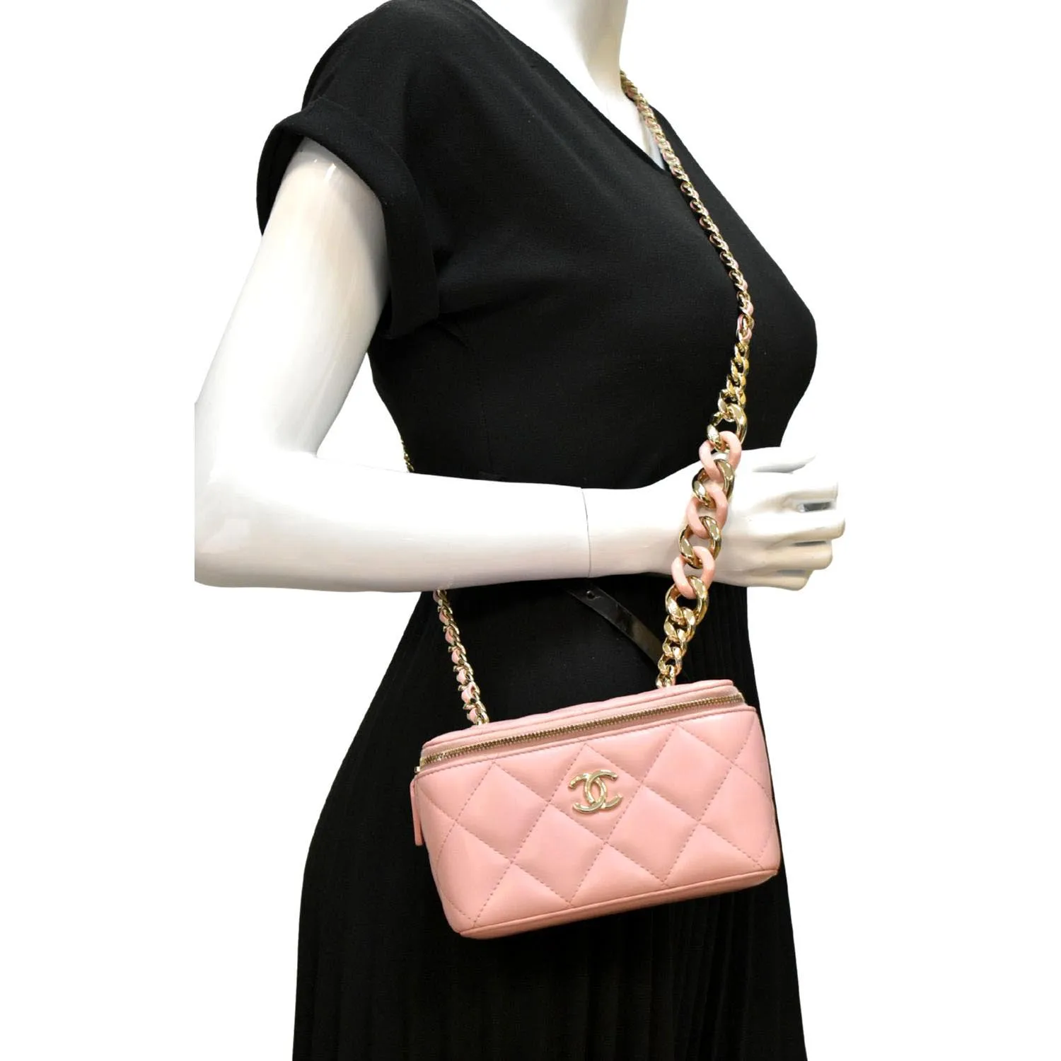 CL Resin Elegant Chain Vanity Case Quilted Leather Shoulder Bag Pink