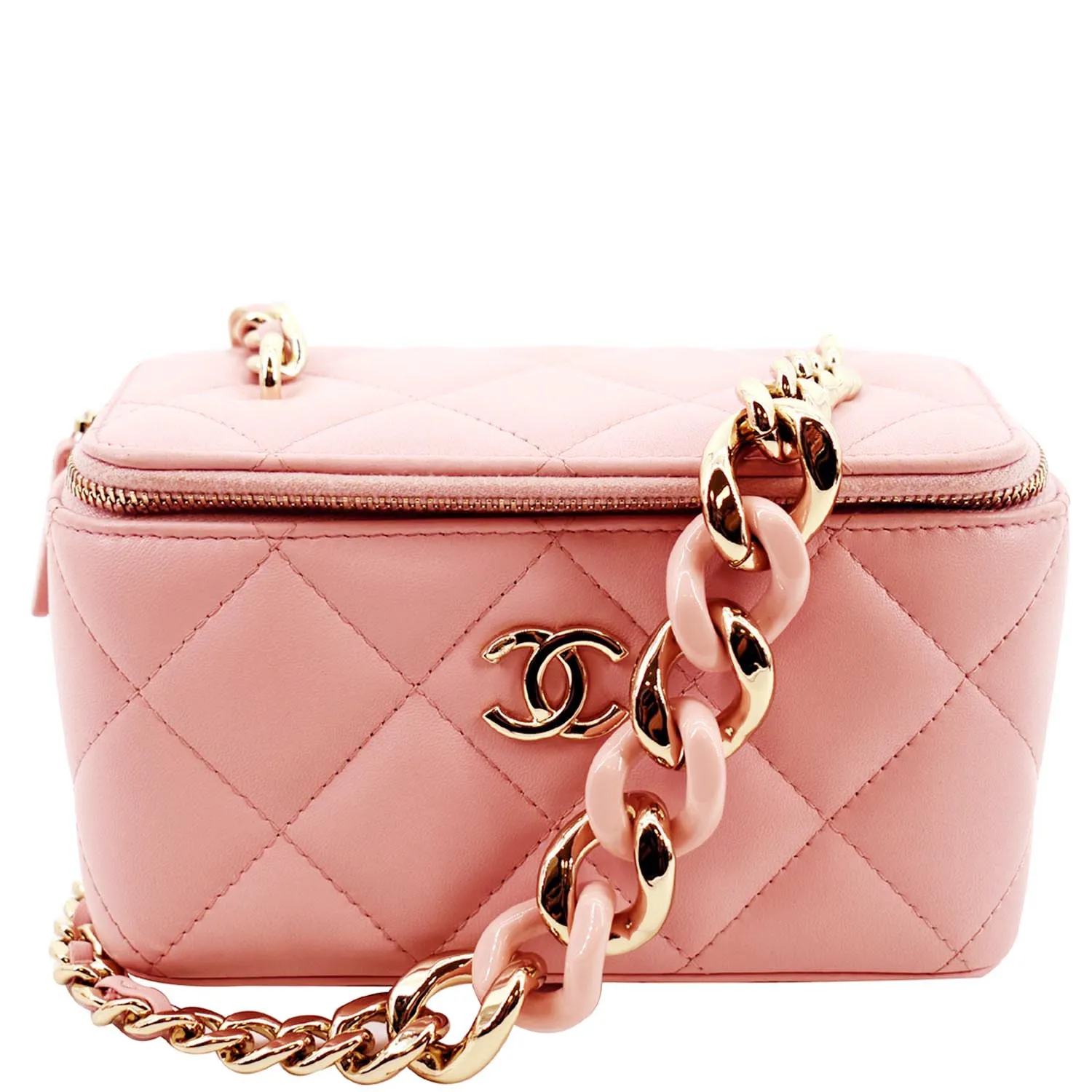 CL Resin Elegant Chain Vanity Case Quilted Leather Shoulder Bag Pink