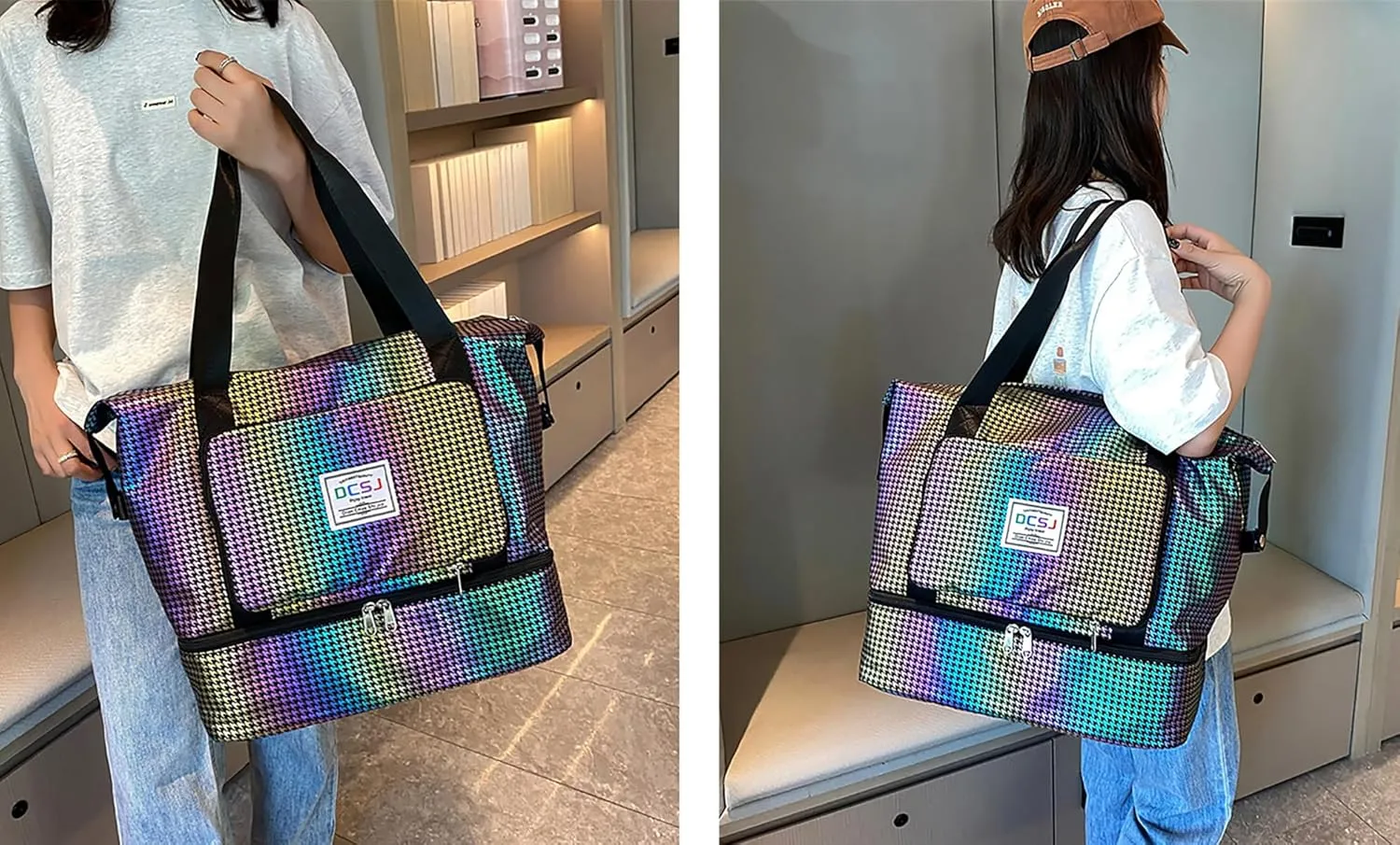 New Foldable Dry/Wet Separation Travel Duffel Bag with Shoe Compartment Large Capacity Folding Weekender Overnight Bag (G-Colorful)