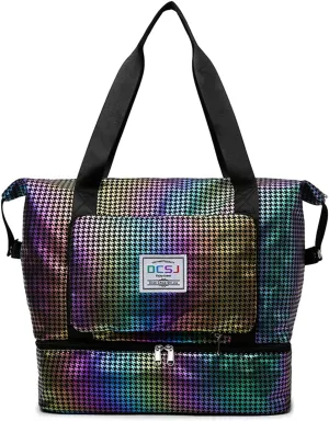 New Foldable Dry/Wet Separation Travel Duffel Bag with Shoe Compartment Large Capacity Folding Weekender Overnight Bag (G-Colorful)