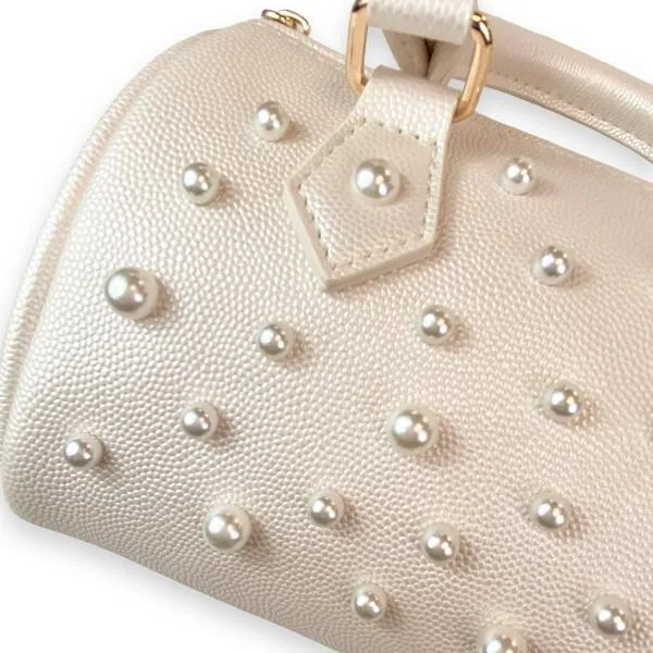 Pearl Studs Cream Leather Barrel Bag