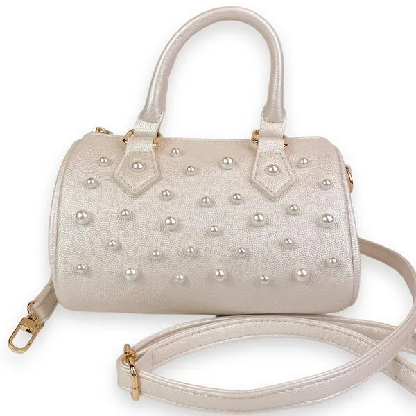 Pearl Studs Cream Leather Barrel Bag