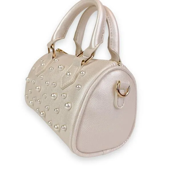 Pearl Studs Cream Leather Barrel Bag