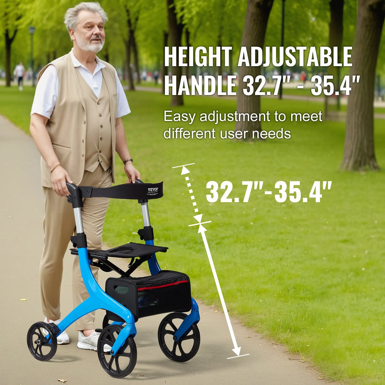VEVOR Folding Rollator Walker for Seniors and Adults, Lightweight Aluminum Rolling Walker with Seat and Adjustable Handle, 4-Wheel Outdoor Mobility Walker with Spacious Storage Bag, 300LBS Capacity