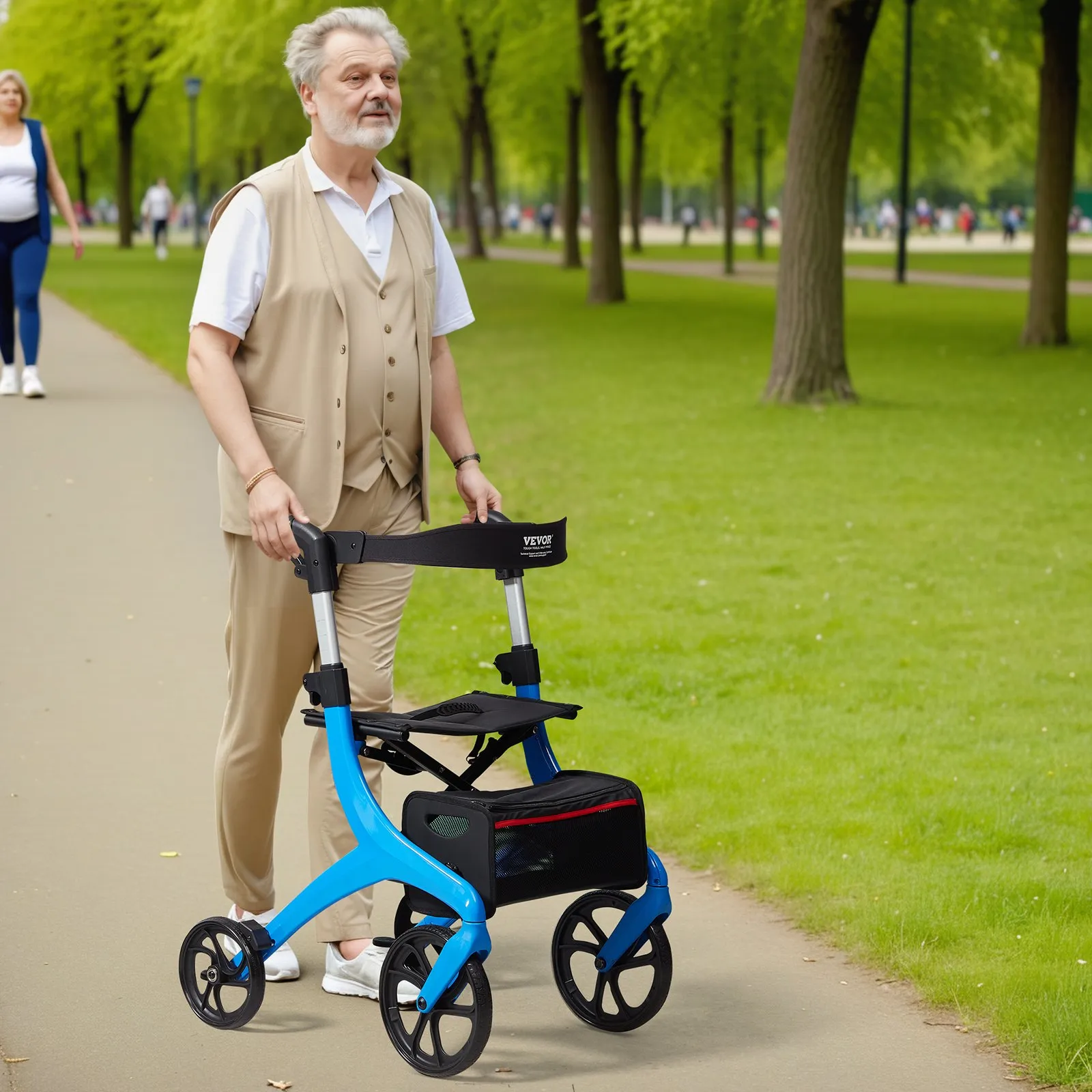 VEVOR Folding Rollator Walker for Seniors and Adults, Lightweight Aluminum Rolling Walker with Seat and Adjustable Handle, 4-Wheel Outdoor Mobility Walker with Spacious Storage Bag, 300LBS Capacity