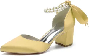 Women's Pointed Toe Pearl Wedding Shoes for Bride Low Heels Satin Heels with Bow Bridal Shoes Chunky Block Heels Comfortable Dance Shoes Pumps