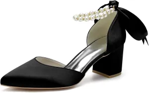 Women's Pointed Toe Pearl Wedding Shoes for Bride Low Heels Satin Heels with Bow Bridal Shoes Chunky Block Heels Comfortable Dance Shoes Pumps