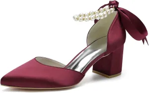 Women's Pointed Toe Pearl Wedding Shoes for Bride Low Heels Satin Heels with Bow Bridal Shoes Chunky Block Heels Comfortable Dance Shoes Pumps