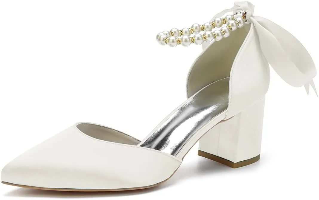 Women's Pointed Toe Pearl Wedding Shoes for Bride Low Heels Satin Heels with Bow Bridal Shoes Chunky Block Heels Comfortable Dance Shoes Pumps