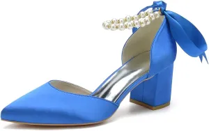 Women's Pointed Toe Pearl Wedding Shoes for Bride Low Heels Satin Heels with Bow Bridal Shoes Chunky Block Heels Comfortable Dance Shoes Pumps