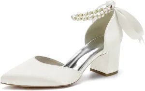Women's Pointed Toe Pearl Wedding Shoes for Bride Low Heels Satin Heels with Bow Bridal Shoes Chunky Block Heels Comfortable Dance Shoes Pumps