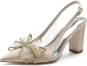 Women's Pointed Toe Wedding Shoes for Bride Block Heels Slingback Ankle Strap Satin Bridal Shoes High Heels Prom Party Dress Shoes Pumps