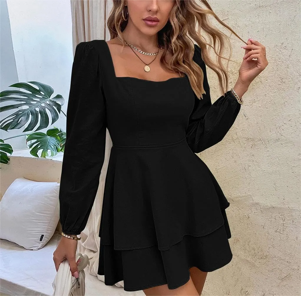 Women's Square Neck Backless Bow Tie Tied Dress Long Sleeved High Waisted Casual Cake Skirt